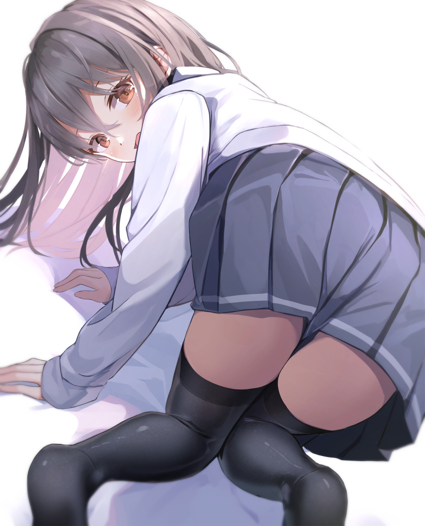 all_fours ass black_skirt black_thighhighs blush brown_eyes brown_hair collared_shirt commentary english_commentary eyebrows_hidden_by_hair female hair_between_eyes highres long_sleeves looking_at_viewer looking_back multicolored_hair no_shoes original pleated_skirt seero shirt skirt sleeves_past_wrists soles solo thighhighs two-tone_hair white_background white_shirt