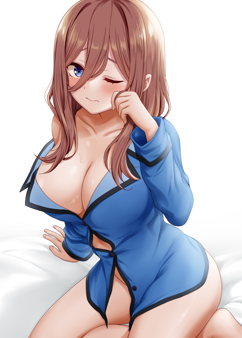 absurdres barefoot blue_eyes blue_pajamas blush bottomless breasts brown_hair cleavage closed_mouth collarbone commentary_request female go-toubun_no_hanayome hair_between_eyes highres large_breasts lips long_hair long_sleeves looking_at_viewer miel_(lessontome) nakano_miku one_eye_closed pajamas sitting solo