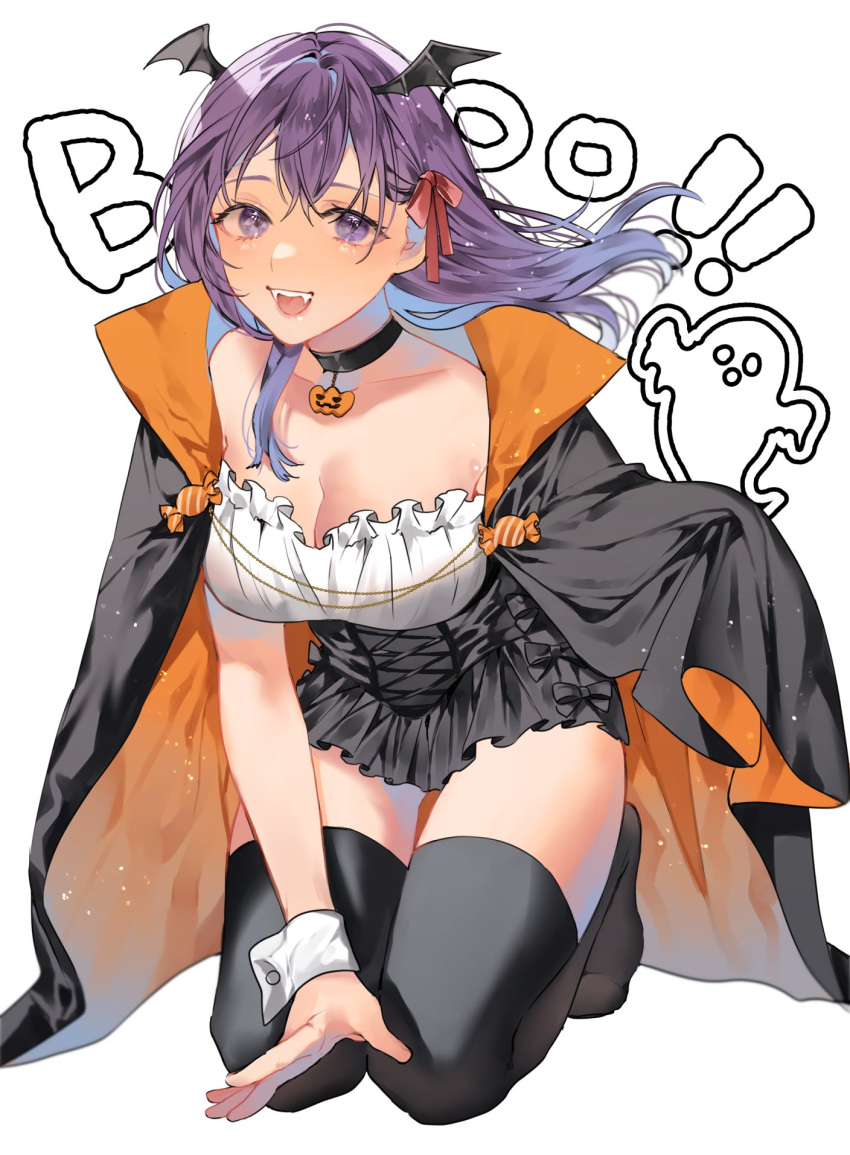 :d bat_wings black_cape black_choker black_skirt black_thighhighs breasts cape choker cleavage collarbone fangs fate/stay_night fate_(series) female full_body hair_ribbon head_wings highres kneeling large_breasts long_hair matou_sakura no_shoes orange_cape red_ribbon ribbon shimatori_(sanyyyy) skirt smile solo teeth thighhighs upper_teeth_only vampire white_background wings wrist_cuffs