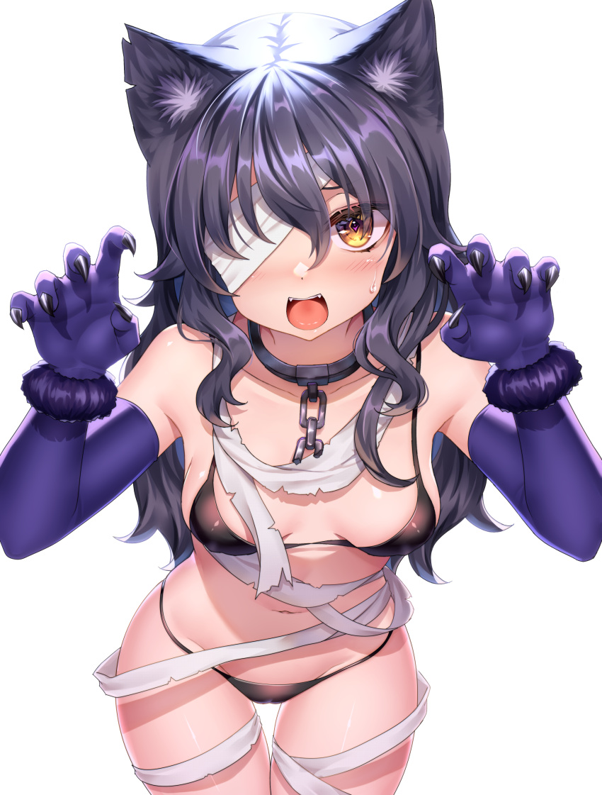 absurdres animal_ear_fluff animal_ears bandage_over_one_eye bandages bikini black_bikini black_hair blush breasts chains claw_pose collar collarbone diamond-shaped_pupils diamond_(shape) elbow_gloves fangs female fingernails gloves groin highres long_hair looking_at_viewer medium_breasts navel neit_ni_sei open_mouth original purple_gloves sharp_fingernails simple_background skindentation solo string_bikini sweatdrop swimsuit symbol-shaped_pupils teeth thigh_gap tongue upper_teeth_only white_background yellow_eyes