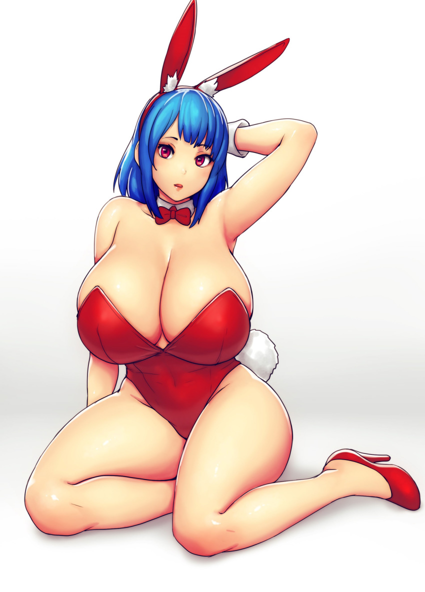 absurdres animal_ears arm_up armpits bare_legs bare_shoulders blue_hair bow breasts cleavage commentary curvy detached_collar english_commentary erkaz fake_animal_ears female high_heels highres huge_breasts leotard looking_at_viewer original playboy_bunny rabbit_ears rabbit_tail red_bow red_eyes red_footwear red_leotard rina_atherina sidelocks sitting solo tail thick_thighs thighs wrist_cuffs