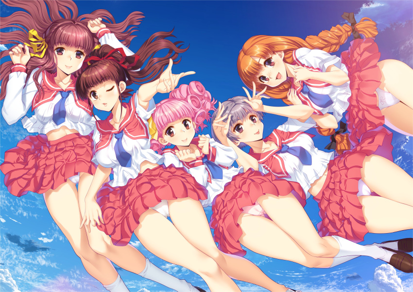 5girls absurdres arms_up blue_necktie blue_sky braid brown_eyes brown_footwear brown_hair doukyuusei drill_hair floating_hair freckles grey_hair hair_ribbon high_ponytail highres kurokawa_satomi loafers long_hair looking_at_viewer midriff_peek miniskirt multiple_girls navel necktie nishina_kurumi non-web_source official_art one_eye_closed open_mouth orange_eyes orange_hair outstretched_arm panties pantyshot photoshop_(medium) pink_hair pink_panties pink_skirt pleated_skirt purple_eyes red_eyes red_hair ribbon sailor_collar sakuragi_mai school_uniform shirt shoes short_hair short_sleeves skirt sky smile socks suzuki_miho tanaka_misa tongue tongue_out twin_braids twintails underwear white_panties wind wind_lift