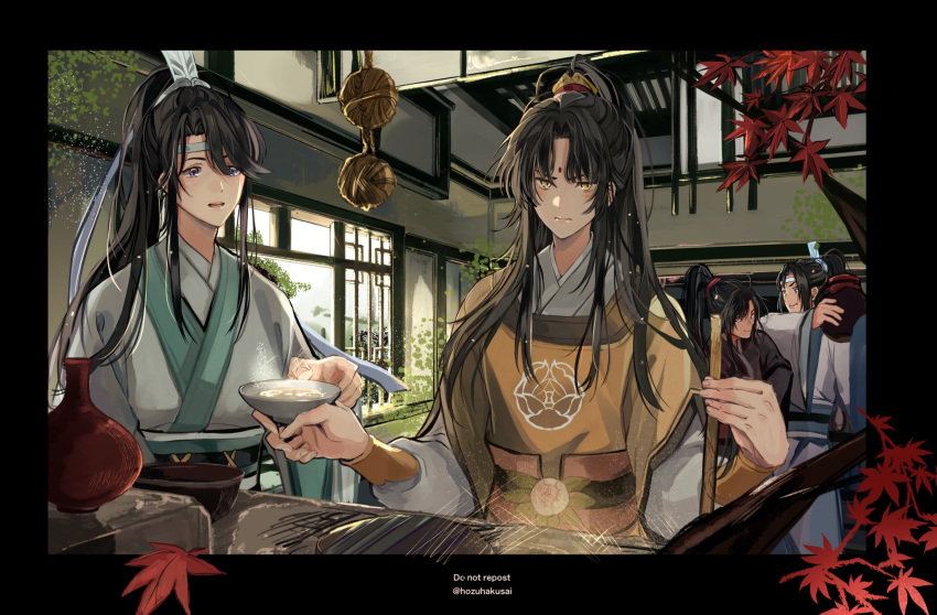 4boys alcohol bad_id bad_twitter_id bindi black_hair chinese_clothes cooking facial_mark food forehead_mark high_ponytail highres hozuhakusai jar jin_ling lan_jingyi lan_sizhui leaf long_hair long_sleeves male_focus maple_leaf modao_zushi multiple_boys parted_bangs sidelocks soup swept_bangs upper_body very_long_hair wei_wuxian