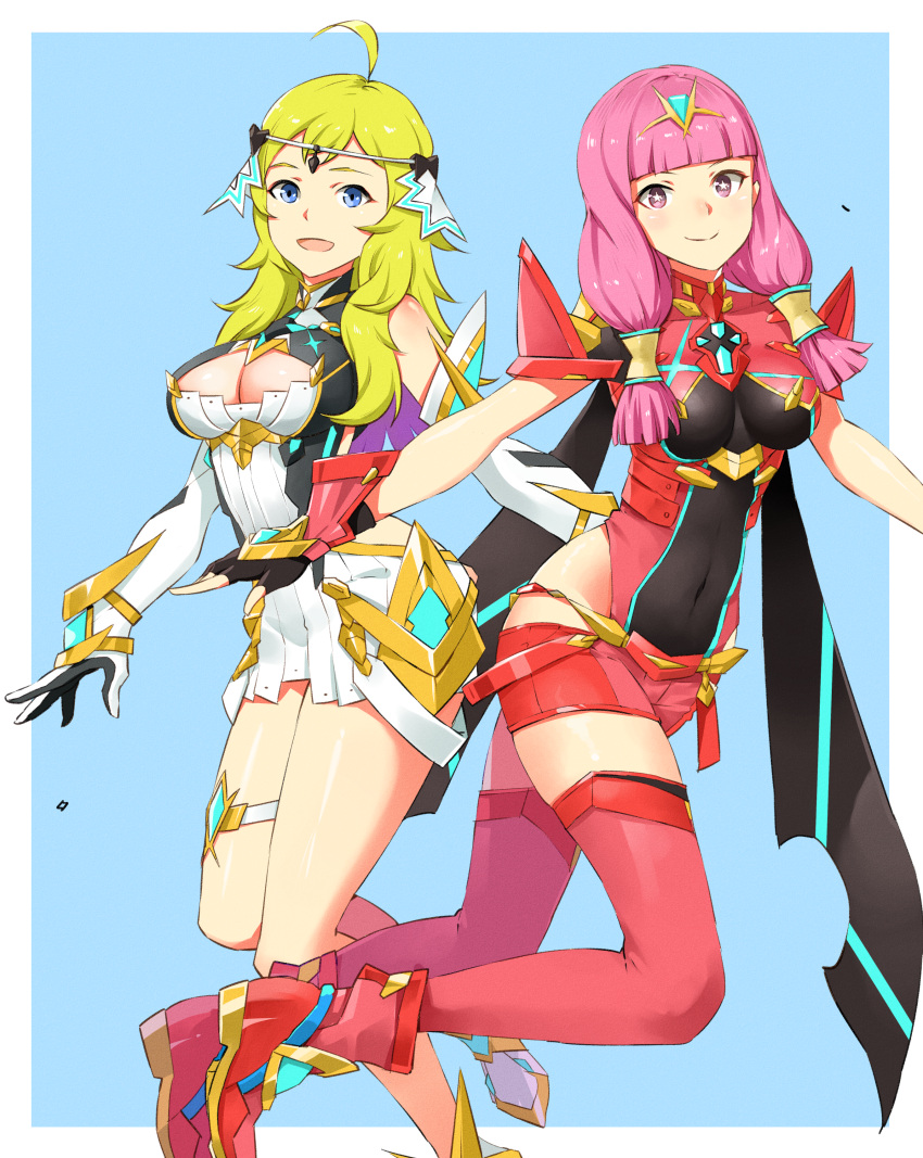 2girls absurdres ahoge blonde_hair blunt_bangs blunt_tresses breasts circlet commission commissioner_upload cosplay fire_emblem fire_emblem_fates hair_ornament highres igni_tion long_hair looking_at_viewer medium_breasts mitama_(fire_emblem) multiple_girls mythra_(xenoblade) mythra_(xenoblade)_(cosplay) ophelia_(fire_emblem) pink_hair pyra_(xenoblade) pyra_(xenoblade)_(cosplay) star-shaped_pupils star_(symbol) symbol-shaped_pupils thigh_strap thighs tiara xenoblade_chronicles_(series) xenoblade_chronicles_2