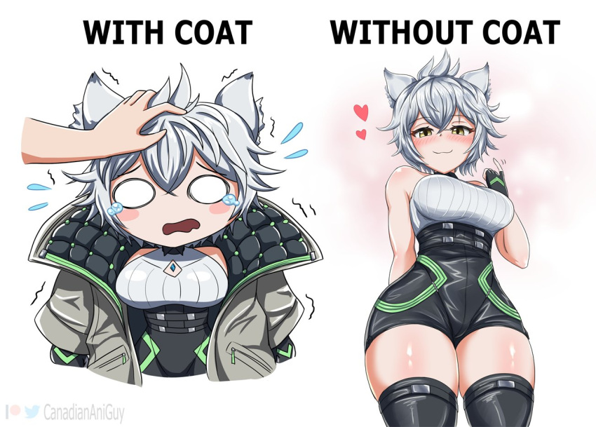 animal_ears arm_behind_back blank_eyes blush breasts canadiananiguy cat_ears cat_girl chest_jewel clothing_cutout core_crystal_(xenoblade) crystal diamond_cutout female fingerless_gloves gloves headpat heart high-waist_shorts index_finger_raised large_breasts looking_at_viewer messy_hair na'el_(xenoblade) romper short_hair short_shorts shorts simple_background smile solo tears thighhighs thighs wide_hips xenoblade_chronicles_(series) xenoblade_chronicles_3 xenoblade_chronicles_3:_future_redeemed yellow_eyes