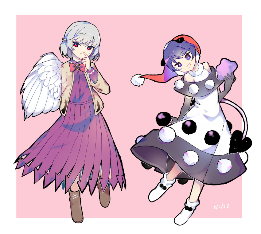 2girls absurdres animal_ears ankle_socks black_capelet black_dress black_gloves blue_eyes blue_hair book boots border brown_footwear brown_jacket capelet commentary commeowdore dated doremy_sweet dress elbow_gloves english_commentary feathered_wings full_body gloves grey_hair hat highres holding holding_book jacket kishin_sagume long_sleeves multicolored_clothes multicolored_dress multiple_girls nightcap pink_background pom_pom_(clothes) purple_dress red_eyes red_headwear short_hair single_wing sleeveless sleeveless_dress socks tail tapir_ears tapir_tail touhou white_border white_dress white_socks white_wings wings