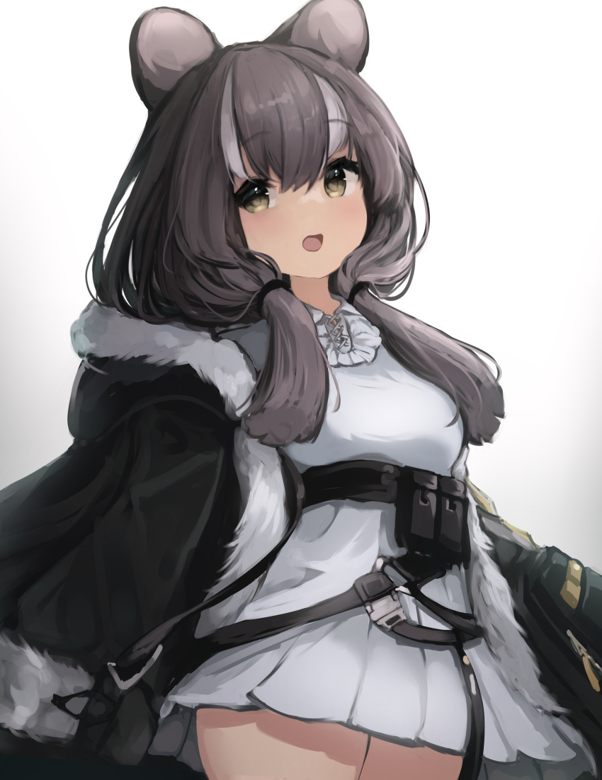 absurdres animal_ears arknights bear_ears black_hair black_jacket breasts brown_eyes commentary female fur-trimmed_hood fur-trimmed_jacket fur-trimmed_sleeves fur_trim gradient_background grey_background hair_between_eyes hair_over_shoulder highres honeyberry_(arknights) hood hood_down hooded_jacket jacket long_hair looking_at_viewer low_twintails medium_breasts multicolored_hair open_clothes open_jacket open_mouth pleated_skirt shirt skirt solo streaked_hair teruriu twintails white_background white_hair white_shirt white_skirt