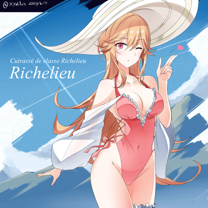 azur_lane backless_swimsuit breasts brown_hair character_name collarbone commentary_request covered_navel dated female frilled_one-piece_swimsuit frills hair_between_eyes hat heart hebitsukai-san highleg highleg_swimsuit highres large_breasts long_hair looking_at_viewer official_alternate_costume one-piece_swimsuit one_eye_closed pink_one-piece_swimsuit red_eyes richelieu_(azur_lane) richelieu_(fleuron_of_the_waves)_(azur_lane) side-tie_swimsuit solo sun_hat swimsuit translated twitter_username white_hat