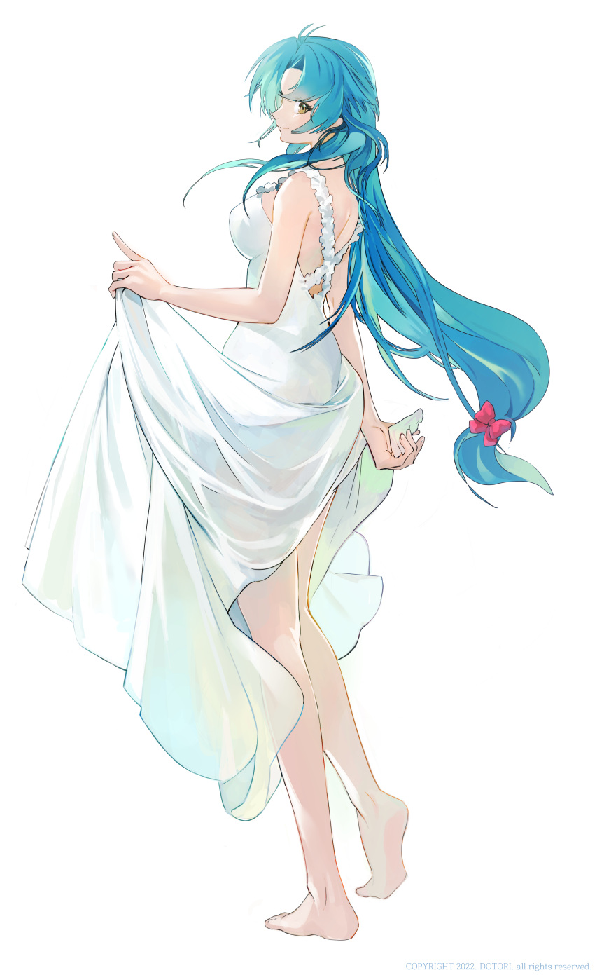 absurdres ass barefoot blue_hair breasts brown_eyes chidori_kaname closed_mouth clothes_lift commentary_request dotori_(seulseul) dress dress_lift feet female from_behind full_body full_metal_panic highres legs long_hair looking_at_viewer low-tied_long_hair medium_breasts smile solo standing toes white_background white_dress