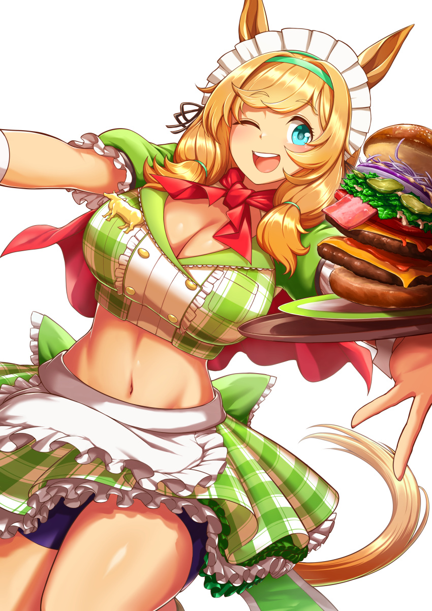 ;d absurdres alternate_costume animal_ears apron aqua_eyes back_bow badge bike_shorts bike_shorts_under_skirt bow breasts brown_hair burger capelet center_frills cleavage commentary_request cowboy_shot crop_top enmaided female food frilled_skirt frilled_sleeves frills green_bow green_hairband green_shirt green_skirt hair_ornament hairband highres horse_ears horse_girl horse_tail large_breasts looking_at_viewer low_twintails maid maid_apron maid_headdress medium_hair midriff navel one_eye_closed open_mouth plaid plaid_shirt plaid_skirt plate puffy_short_sleeves puffy_sleeves red_capelet same_kujira_(challenger_310) shirt short_sleeves sidelocks simple_background skirt smile solo standing standing_on_one_leg taiki_shuttle_(umamusume) tail teeth tray twintails umamusume upper_teeth_only white_background wrist_cuffs