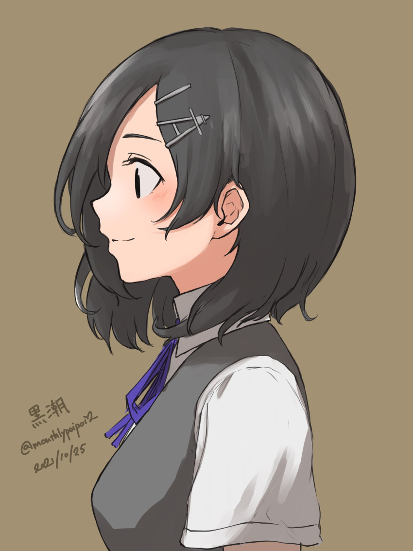 black_hair black_vest brown_background character_name commentary_request dated dress_shirt female green_eyes hair_ornament hairclip highres kantai_collection kuroshio_(kancolle) kuroshio_kai_ni_(kancolle) one-hour_drawing_challenge profile school_uniform shirt short_hair short_sleeves solo twitter_username umibudou upper_body vest white_shirt