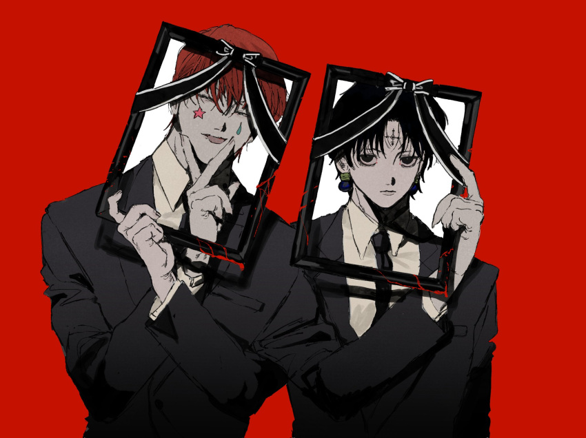 2boys bad_id bad_pixiv_id black_hair black_suit blood book chrollo_lucilfer closed_mouth collared_shirt cross dress_shirt earrings facial_mark forehead_mark formal half-closed_eyes hand_up hands_up highres hisoka_morow holding holding_book hunter_x_hunter iei jewelry jitome long_sleeves looking_at_viewer male_focus multiple_boys netetsu_(yyrf3o) open_book outstretched_arm parted_bangs red_background red_hair shirt short_hair side-by-side simple_background smile star_(symbol) star_print suit tongue tongue_out upper_body v white_shirt