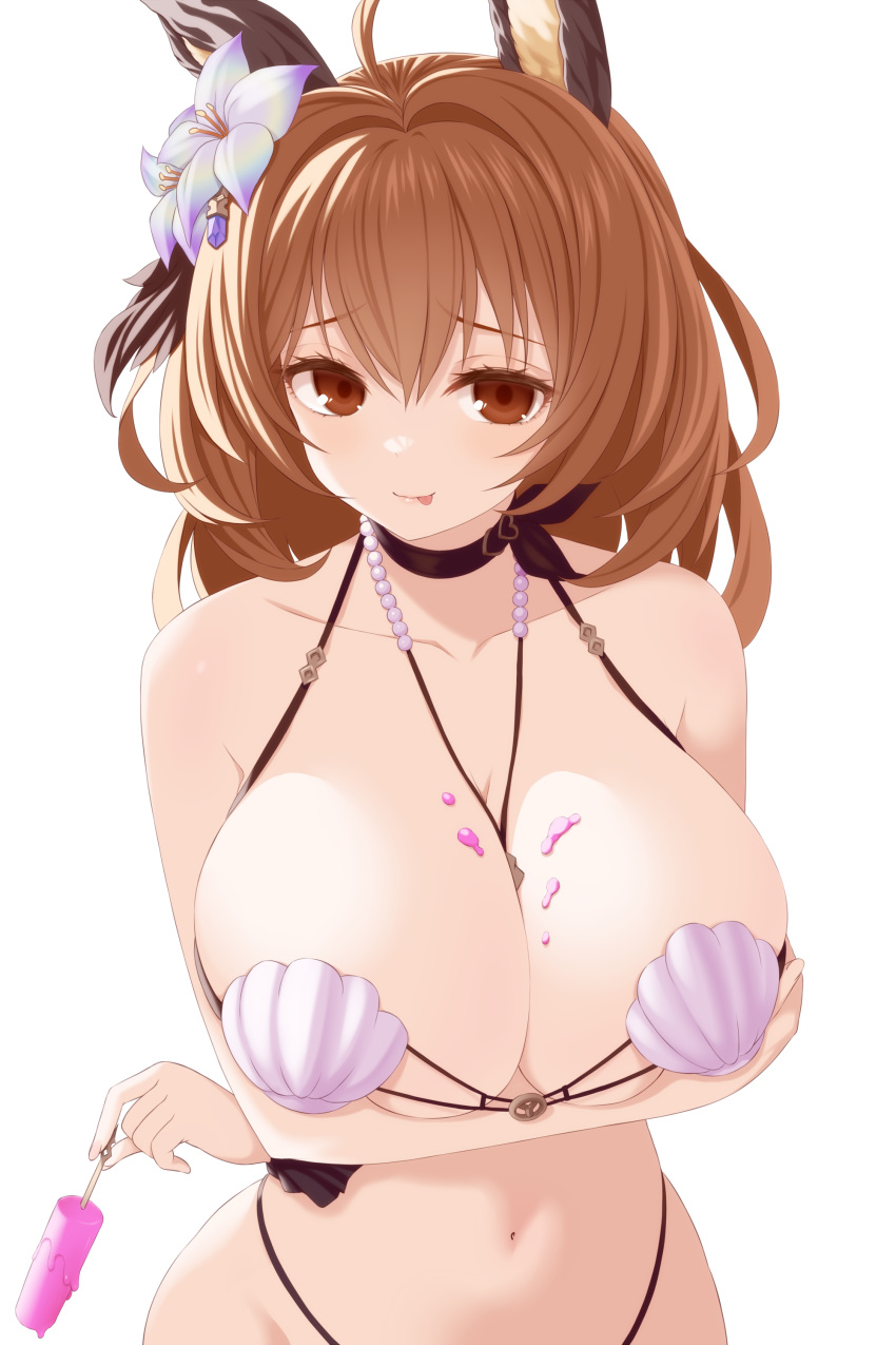 absurdres animal_ears arms_under_breasts asamura_hiori bikini breasts brown_eyes brown_hair female flower food granblue_fantasy hair_flower hair_ornament hecate_(granblue_fantasy) highres holding holding_food holding_popsicle large_breasts looking_at_viewer navel popsicle shell shell_bikini simple_background solo swimsuit white_background