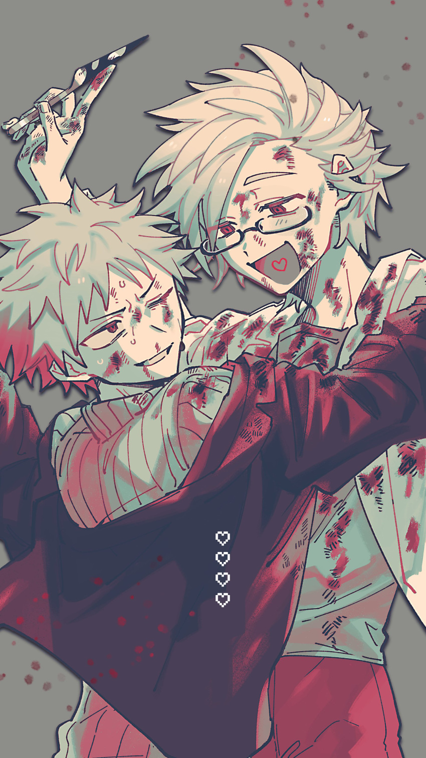 2boys absurdres atou_haruki blood blood_on_clothes blood_on_face blood_on_hands commentary_request dayu_(4kumauo) glasses grey_background heart heart_in_mouth highres holding_scalpel jacket kanou_aogu limited_palette long_sleeves male_focus multiple_boys one_eye_closed open_clothes open_jacket open_mouth rectangular_eyewear ribbed_sweater saibou_shinkyoku semi-rimless_eyewear short_hair smile sweat sweater