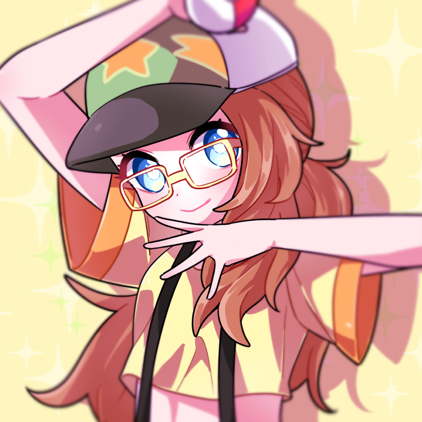 arm_up blue_eyes bright_pupils brown_hair closed_mouth commentary_request cropped_shirt dayong_(dajyonii) eyelashes female glasses hand_up hat highres holding holding_poke_ball long_hair looking_at_viewer poke_ball poke_ball_(basic) pokemon pokemon_(anime) pokemon_xy_(anime) serena_(pokemon) shirt short_sleeves smile solo suspenders upper_body white_pupils yellow-framed_eyewear yellow_background yellow_shirt