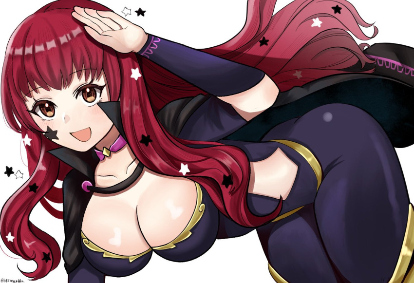 :d bodysuit breasts choker cleavage female fire_emblem fire_emblem_engage large_breasts long_hair looking_at_viewer open_mouth otokajife pink_choker purple_bodysuit red_hair simple_background smile solo thighs white_background yunaka_(fire_emblem)