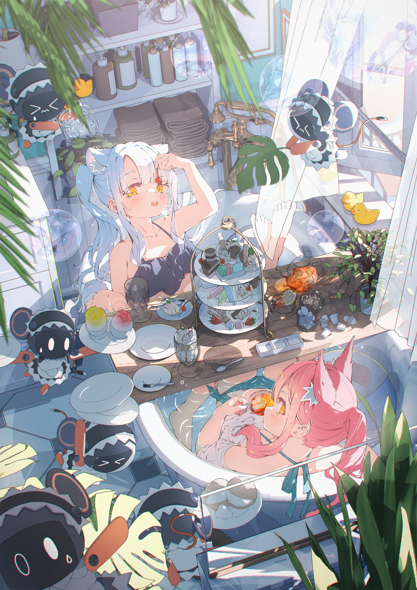 >_< 2girls absurdres animal_ear_fluff animal_ears apron barefoot bath bathtub bikini black_bikini blunt_bangs cake cherry cup curtains drink english_commentary flower_pot food frilled_hairband frills from_above fruit green_bikini hairband hand_fan highres hoji_(hooooooooji1029) holding holding_cup holding_fan holding_food ice_cream indoors light_blush long_hair lotion_bottle lying maid multiple_girls on_back open_mouth original pale_skin palms parted_bangs pink_hair plate ponytail robot rubber_duck shampoo_bottle sidelocks skirt soap_bubbles summer sunlight swimsuit teeth towel twintails upper_teeth_only white_apron white_hairband white_skirt yellow_eyes