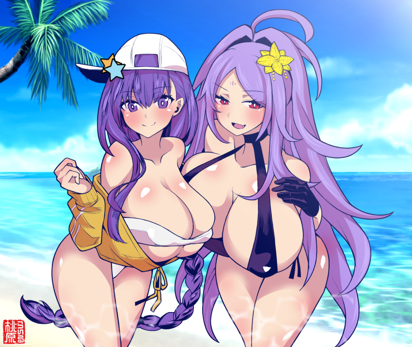 2girls ahoge asymmetrical_hair bare_shoulders baseball_cap bb_(fate) bb_(swimsuit_mooncancer)_(fate) bb_(swimsuit_mooncancer)_(first_ascension)_(fate) beach bikini black_bikini black_gloves blue_sky blush braid breasts cleavage collarbone cropped_jacket facial_mark fate/grand_order fate_(series) flower forehead forehead_mark gloves hair_flower hair_ornament hat hat_ornament highres huge_breasts jacket long_hair long_sleeves looking_at_viewer momohara_rile multiple_girls navel open_mouth parted_bangs ponytail purple_eyes purple_hair shore sidelocks single_braid sky smile star_(symbol) star_hat_ornament swimsuit thighs very_long_hair white_bikini white_hat wu_zetian_(fate) wu_zetian_(swimsuit_caster)_(fate) wu_zetian_(swimsuit_caster)_(third_ascension)_(fate) yellow_jacket