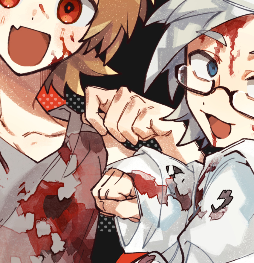 2boys black_background bleeding_from_forehead blood blood_from_mouth blood_on_clothes blood_on_face blue_eyes brown_hair commentary_request dayu_(4kumauo) glasses grey_tank_top highres kanou_aogu long_sleeves male_focus multiple_boys rectangular_eyewear red_eyes saibou_shinkyoku semi-rimless_eyewear shinano_eiji shirt short_hair sleeves_past_wrists spoilers tank_top white_hair white_shirt