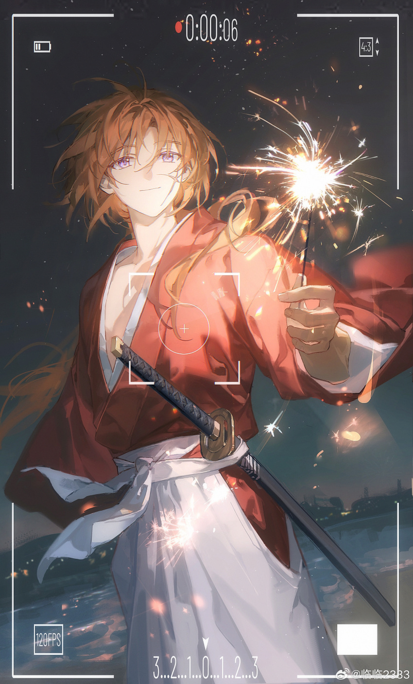 1boy absurdres blurry brown_hair cowboy_shot fingernails fireworks floating_hair hakama highres himura_kenshin holding holding_fireworks japanese_clothes kimono lake light_particles light_smile lin_lin_2333 long_hair long_sleeves looking_at_object male_focus night night_sky outdoors purple_eyes rurouni_kenshin scar scar_on_face sheath sky solo standing sword viewfinder weapon weibo_watermark white_hakama wide_sleeves wind