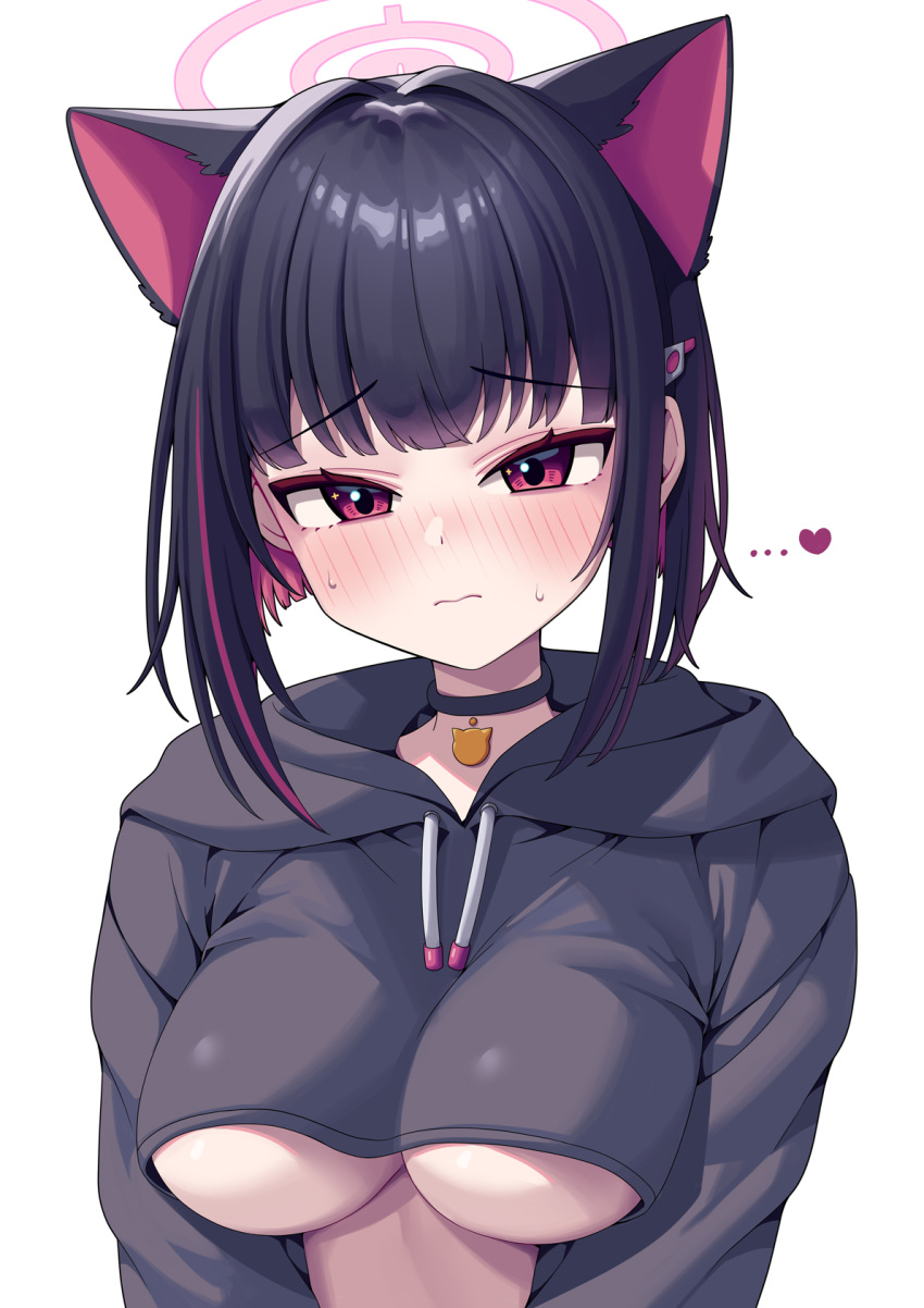 ... animal_ears black_choker black_hair black_hoodie blue_archive blush breasts cat_ears cat_girl choker cropped_hoodie female halo heart highres hood hoodie kazusa_(blue_archive) large_breasts looking_at_viewer metaljelly multicolored_hair number-only_commentary pink_eyes pink_hair pink_halo short_hair simple_background solo streaked_hair underboob white_background