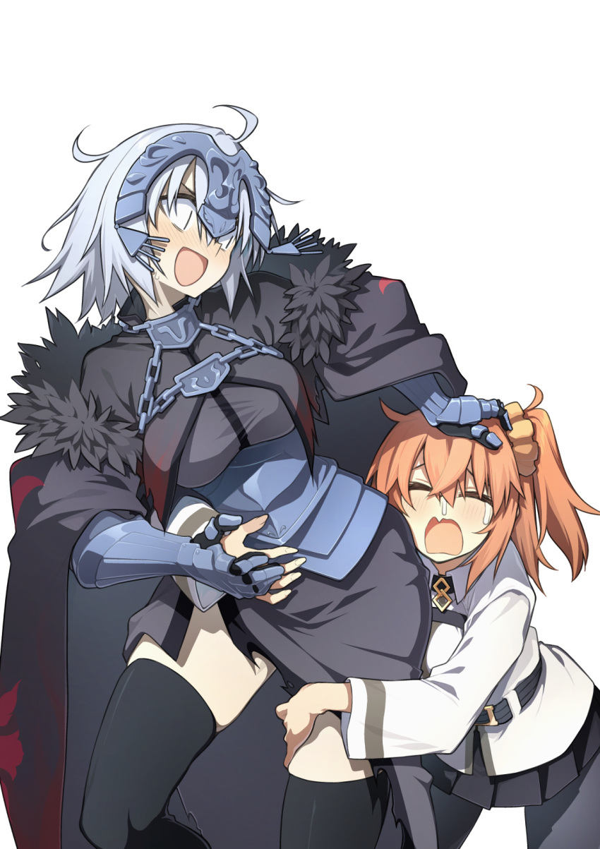 10mo 2girls ahoge armor armored_dress belt black_cape black_dress black_pantyhose black_skirt black_thighhighs breasts cape chains chaldea_uniform closed_eyes collar collared_shirt crying dress fate/grand_order fate_(series) fujimaru_ritsuka_(female) gauntlets grey_hair hair_ornament hair_scrunchie headpiece highres hug jeanne_d'arc_alter_(avenger)_(fate) jeanne_d'arc_alter_(fate) large_breasts long_sleeves looking_to_the_side medium_breasts metal_collar multiple_girls one_side_up open_mouth orange_hair orange_scrunchie pantyhose plackart scrunchie shirt short_hair skirt thighhighs thighs white_shirt