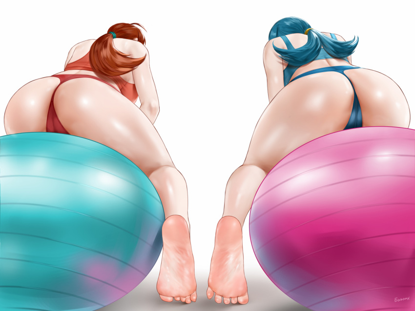 2girls ahoge ass back ball bare_legs bare_shoulders barefoot blue_hair blue_panties blue_sports_bra blush breasts brown_hair collarbone delia_ketchum easonx exercise_ball facing_away feet from_behind from_below lana's_mother_(pokemon) large_breasts leaning_forward legs long_hair mature_female median_furrow multiple_girls panties pokemon pokemon_(anime) pokemon_sm_(anime) ponytail red_panties red_sports_bra signature sitting_on_ball soles sports_bra thick_thighs thighs tiptoes toes underwear