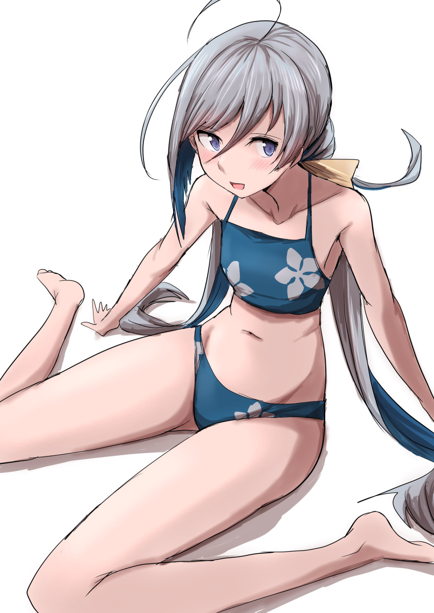 absurdres ahoge bikini blue_bikini female flat_chest grey_eyes grey_hair hair_between_eyes hair_bun highres kamaboko_senshi kantai_collection kiyoshimo_(kancolle) kiyoshimo_kai_ni_(kancolle) kiyoshimo_kai_ni_(swimsuit_mode)_(kancolle) long_hair low_twintails simple_background single_hair_bun sitting solo swimsuit twintails very_long_hair wariza white_background