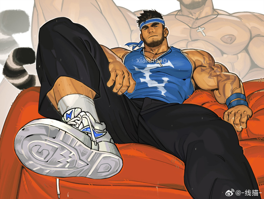 1boy abs arm_tattoo bara beard black_hair blue_headband blue_shirt brucie_(infighter821) closed_mouth come_hither couch cross cross_necklace cross_pendant dungeon_and_fighter eyebrow_cut facial_hair foreshortening hand_on_own_leg headband highres jewelry large_pectorals looking_at_viewer male_focus male_priest_(dungeon_and_fighter) male_pubic_hair mature_male muscular muscular_male necklace on_couch original outline pectoral_cleavage pectorals pubic_hair shirt shoes short_hair sidepec signature sitting sleeveless sleeveless_shirt sneakers socks solo sparse_leg_hair spread_legs tail tattoo testicles thick_arms thick_eyebrows thighs tiger_tail white_outline white_socks xian_miao zoom_layer