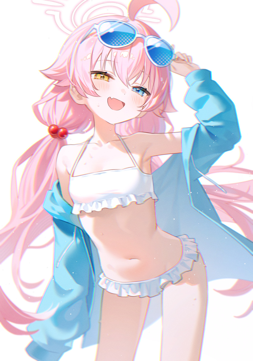 adjusting_eyewear ahoge arm_up armpits arms_up bare_shoulders bikini blue-tinted_eyewear blue_archive blue_eyes blue_jacket blush collarbone commentary_request eyewear_on_head female flat_chest frilled_bikini frills fymrie hair_between_eyes hair_bobbles hair_flaps hair_ornament halo heterochromia highres hoshino_(blue_archive) hoshino_(swimsuit)_(blue_archive) huge_ahoge jacket long_hair looking_at_viewer low_twintails navel oerba_yun_fang off_shoulder official_alternate_costume official_alternate_hairstyle open_clothes open_jacket open_mouth pink_hair pink_halo simple_background skin_fang smile solo swimsuit thighs tinted_eyewear twintails upper_body white_background white_bikini yellow_eyes