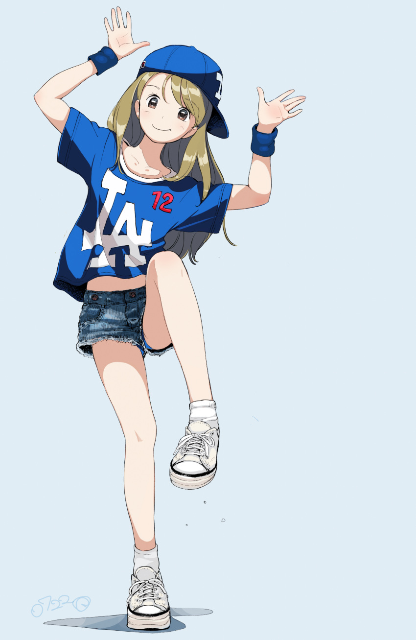 :t baseball_cap blonde_hair blue_background blue_hat blue_panties blue_shirt blue_wristband cutoffs dated denim denim_shorts female hands_up hat highres kokudou_juunigou long_hair los_angeles_dodgers original panties shirt shoes short_shorts shorts sideways_hat simple_background smile sneakers socks solo standing standing_on_one_leg underwear upshorts white_footwear white_socks wristband