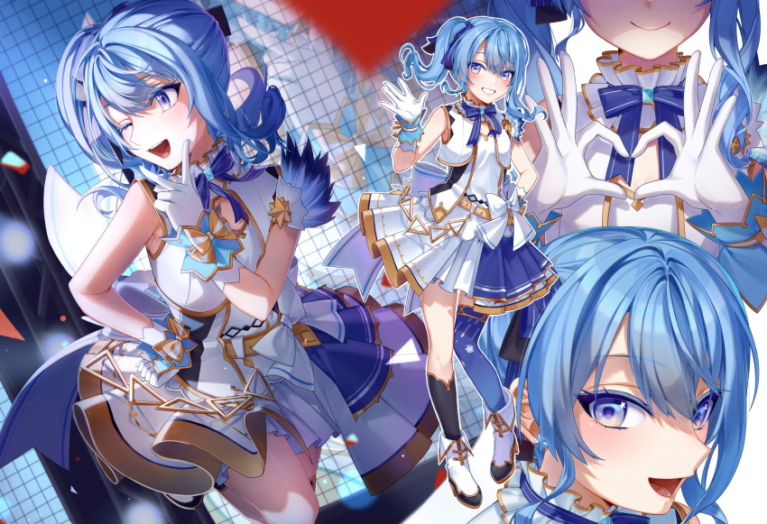 alternate_costume blue_bow blue_bowtie blue_eyes blue_hair blue_skirt bow bow_skirt bowtie close-up esther_mini female flat_chest frilled_straps full_body gloves gold_belt hair_ornament hair_ribbon halter_shirt halterneck hand_on_own_hip hand_up heart heart_hands highres hololive hololive_idol_uniform hoshimachi_suisei idol idol_clothes layered_skirt medium_hair nonstop_story official_alternate_costume one_eye_closed open_mouth ribbon side_ponytail skirt sleeveless smile stage star_(symbol) star_in_eye symbol_in_eye teeth upper_body v_over_mouth virtual_youtuber white_footwear white_gloves white_ribbon white_skirt wrist_cuffs