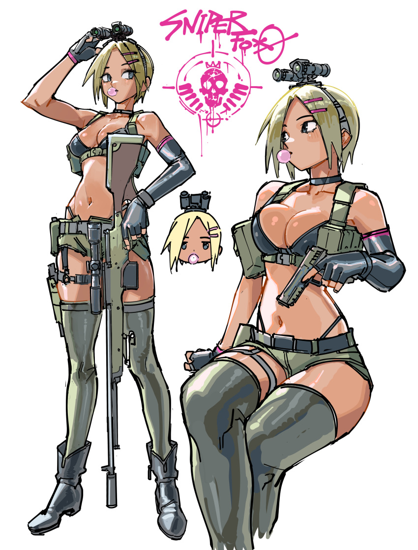 absurdres ammunition_belt ammunition_pouch bikini black_bikini breasts chewing_gum cleavage female gloves gun handgun highres large_breasts letro navel original pouch rifle scope short_hair shorts sniper_rifle solo swimsuit tan thighhighs weapon white_background