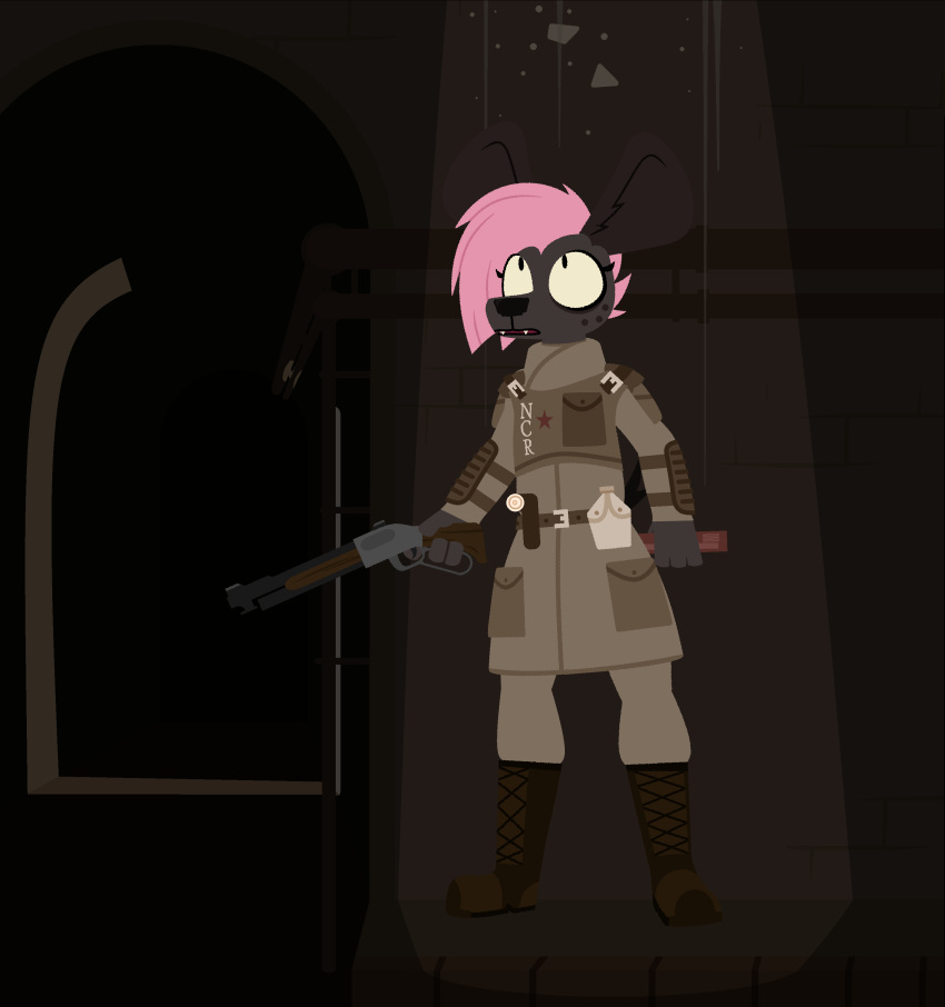 absurd_res ambiguous_gender anthro clothing digital_media_(artwork) dog_brained fallout hair hi_res humanoid hyena looking_up mammal microsoft ncr_ranger_(fallout) solo standing torch tunnel weapon