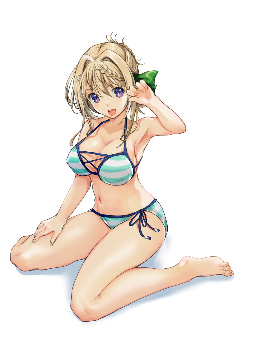 absurdres bikini blonde_hair braid braided_bangs breasts cleavage female full_body hair_intakes highres kantai_collection large_breasts leaf_print looking_at_viewer open_mouth perth_(kancolle) perth_(swimsuit_mode)_(kancolle) purple_eyes short_hair side-tie_bikini_bottom simple_background solo striped_bikini striped_clothes swimsuit white_background yashin_(yasinz)