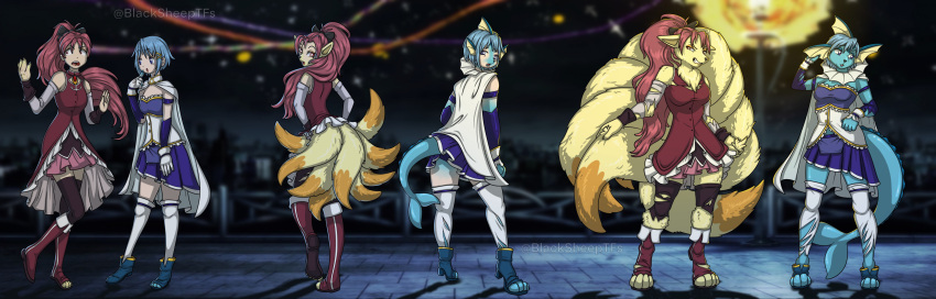 absurd_res angry anthro anthro_transformation blacksheeptfs blue_body blue_hair blue_skin clothing crossover dress duo eeveelution embarrassed female fur generation_1_pokemon gloves hair handwear hi_res human kyouko_sakura legwear magic magic_user magical_girl_outfit mahou_shoujo_madoka_magica mammal mid_transformation midriff multi_tail night ninetales nintendo pokemon pokemon_(species) puella_magi red_clothing red_dress red_hair sakura_kyouko sayaka_miki sequence tail torn_clothing torn_legwear torn_shoes transformation transformation_sequence vaporeon yellow_body yellow_fur