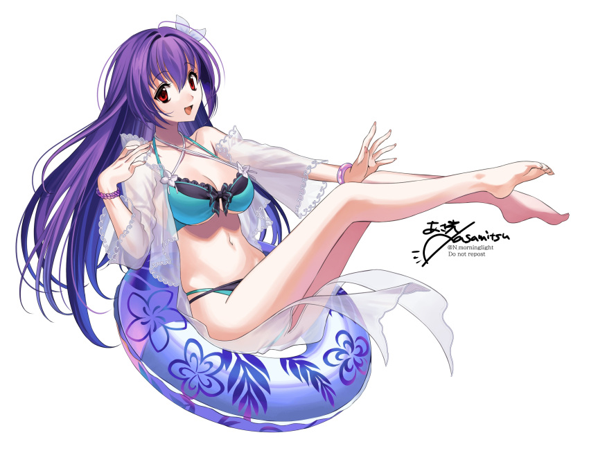 absurdres asakou_(n_morninglight) bare_shoulders barefoot bikini black_bikini breasts cleavage collarbone fate/grand_order fate_(series) female green_bikini highres innertube large_breasts long_hair long_sleeves looking_at_viewer navel open_clothes open_mouth open_shirt purple_hair red_eyes scathach_(fate) scathach_skadi_(fate) scathach_skadi_(swimsuit_ruler)_(fate) scathach_skadi_(swimsuit_ruler)_(final_ascension)_(fate) see-through smile solo swim_ring swimsuit two-tone_bikini