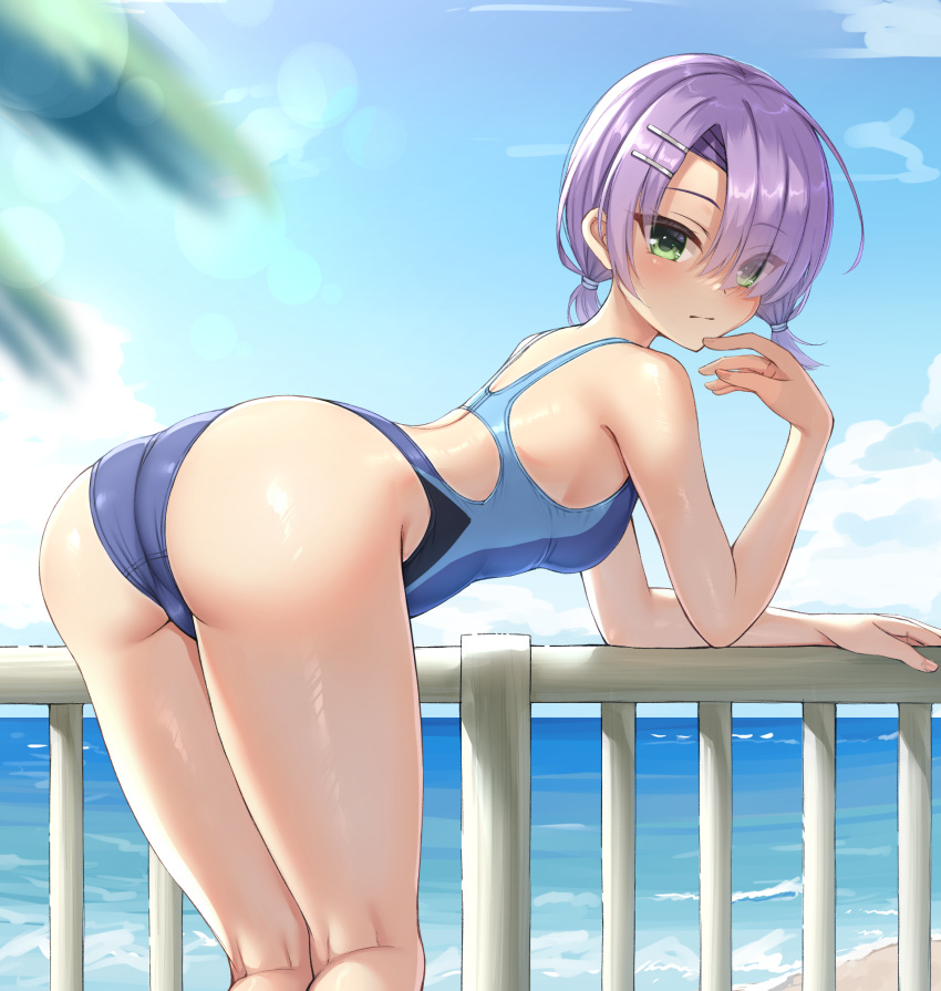 ass beach blue_one-piece_swimsuit blue_sky cafe_stella_to_shinigami_no_chou cloud commentary_request competition_swimsuit day feet_out_of_frame green_eyes hair_ornament hair_over_one_eye hairpin highleg highleg_one-piece_swimsuit highres hiuchidani_mei horizon long_bangs looking_at_viewer looking_back low_twintails multicolored_clothes multicolored_swimsuit multiple_hairpins ncontrail_(mgax7527) ocean one-piece_swimsuit outdoors parted_bangs parted_lips purple_hair sky swimsuit twintails