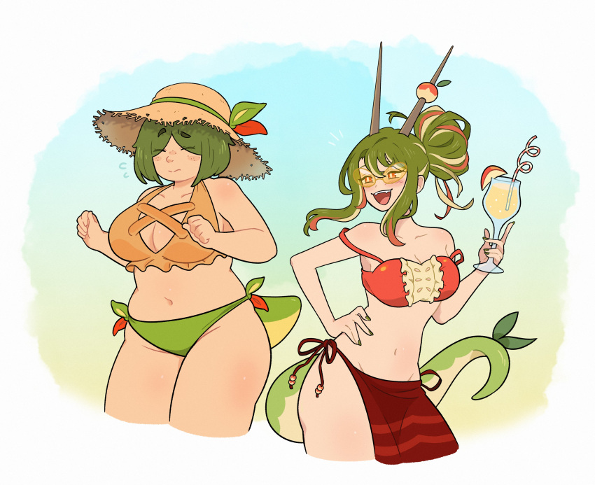 2girls absurdres apple apple_hair_ornament apple_juice appletun aunt bikini blush breasts brown_horns cleavage_cutout closed_eyes clothing_cutout commentary cup doodlelotl drinking_straw english_commentary food food-themed_clothes food-themed_hair_ornament freckles fruit green_hair green_nails green_tail hair_ornament hand_on_own_hip hat highres holding holding_cup horns hydrapple juice large_breasts mature_female medium_breasts mismatched_bikini multicolored_hair multiple_girls personification pie pokemon short_hair side-tie_bikini_bottom simple_background smile straw_hat sweat swimsuit teeth thighs