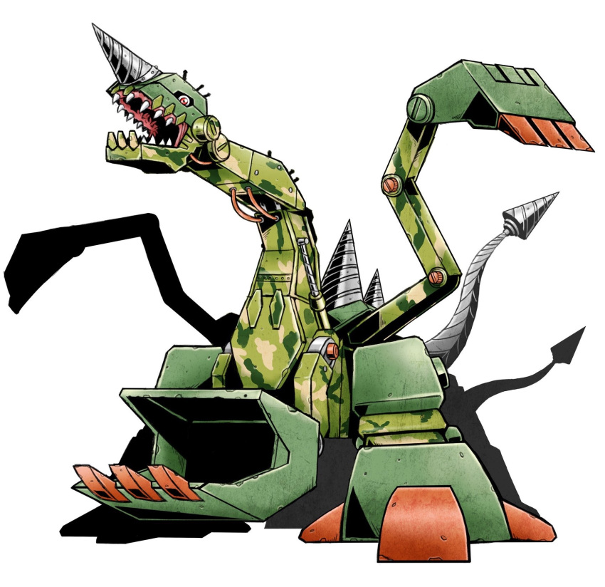 breakdramon commentary_request digimon digimon_(creature) drill fangs highres horns machinery no_humans open_mouth red_eyes simple_background single_horn solo white_background yamamoto_zetta