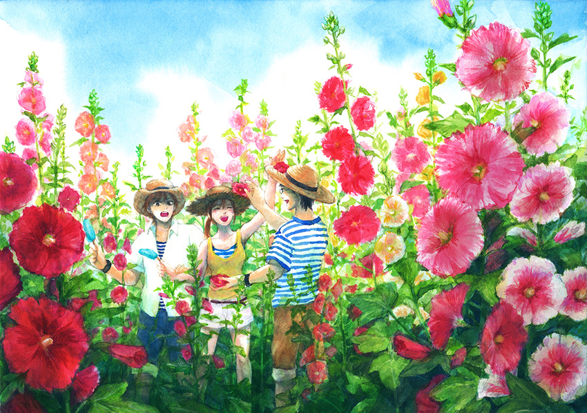 2boys :d ayase_chihaya bad_id bad_pixiv_id blue_sky blush brown_shorts chihayafuru closed_eyes cloud day eye_contact female flower food glasses hat hat_flower hollyhock looking_at_another mashima_taichi misoka_(0) multiple_boys open_mouth outdoors painting_(medium) popsicle shirt shorts sky smile standing striped_clothes striped_shirt sun_hat traditional_media wataya_arata watercolor_(medium) white_shorts wristband