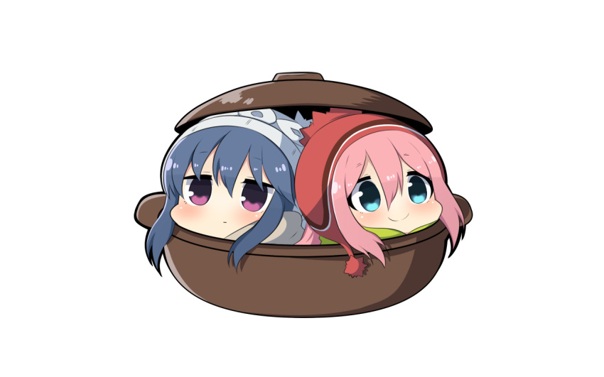 2girls aqua_eyes blue_hair chibi kagamihara_nadeshiko pink_hair purple_eyes shima_rin short_hair twumi white yuru_camp