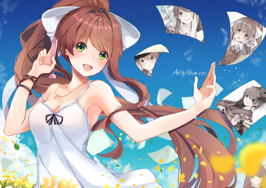 :d ;q arrow_(projectile) bare_arms bare_shoulders blank_eyes blue_sky blurry blurry_foreground blush bow box breasts brown_hair cherry cleavage commentary_request day depth_of_field doki_doki_literature_club dress female flower flying_paper food fruit gift gift_box green_eyes hair_flower hair_ornament hairbow hamaya heart-shaped_box high_ponytail highres holding holding_gift holding_pen holding_spoon japanese_clothes jewelry kimono long_hair looking_at_viewer medium_breasts monika_(doki_doki_literature_club) necklace one_eye_closed open_mouth outdoors paper parfait pen pendant petals photo_(object) rose round_teeth school_uniform sky sleeveless sleeveless_dress smile solo spoon strap_slip sundress tareme teeth tongue tongue_out upper_teeth_only very_long_hair white_bow wind wing_collar wristband xhunzei yellow_flower