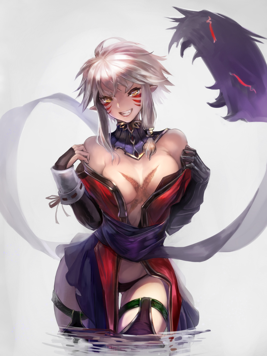 bad_id bad_pixiv_id blonde_hair breasts commentary_request facial_mark female gauntlets grin highres japanese_clothes kimono large_breasts obi off_shoulder original panties pointy_ears sakazu_mekasuke sash scar sidelocks smile solo thighhighs underwear undressing wading yellow_eyes