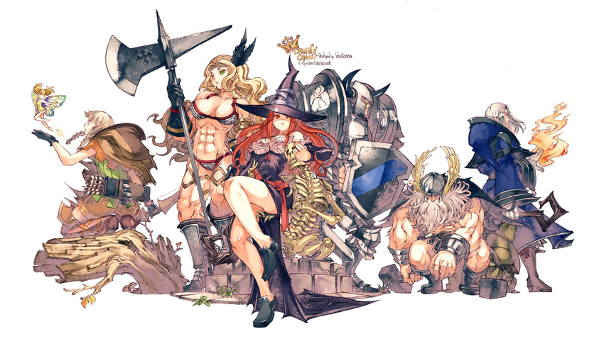 3boys 3girls abs amazon_(dragon's_crown) armor arrow_(projectile) beard bikini bikini_armor blonde_hair boots bow_(weapon) braid breasts cleavage copyright_name dragon's_crown duplicate dwarf_(dragon's_crown) elf elf_(dragon's_crown) everyone facial_hair fairy fake_horns feathers fighter_(dragon's_crown) fire full_armor gloves halberd hammer hat helmet highres horned_helmet horns knight large_breasts long_hair multiple_boys multiple_girls muscular muscular_female pixel-perfect_duplicate pointy_ears polearm quiver red_hair shield skeleton sorceress_(dragon's_crown) staff swimsuit thigh_boots thighhighs tiki_(dragon's_crown) twin_braids weapon white_background white_hair winged_helmet witch_hat wizard_(dragon's_crown) yoshida_tooru