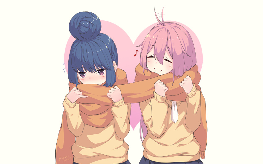 2girls blue_hair blush kagamihara_nadeshiko neps-l pink_hair purple_eyes scarf seifuku shima_rin signed skirt tie waifu2x yuru_camp