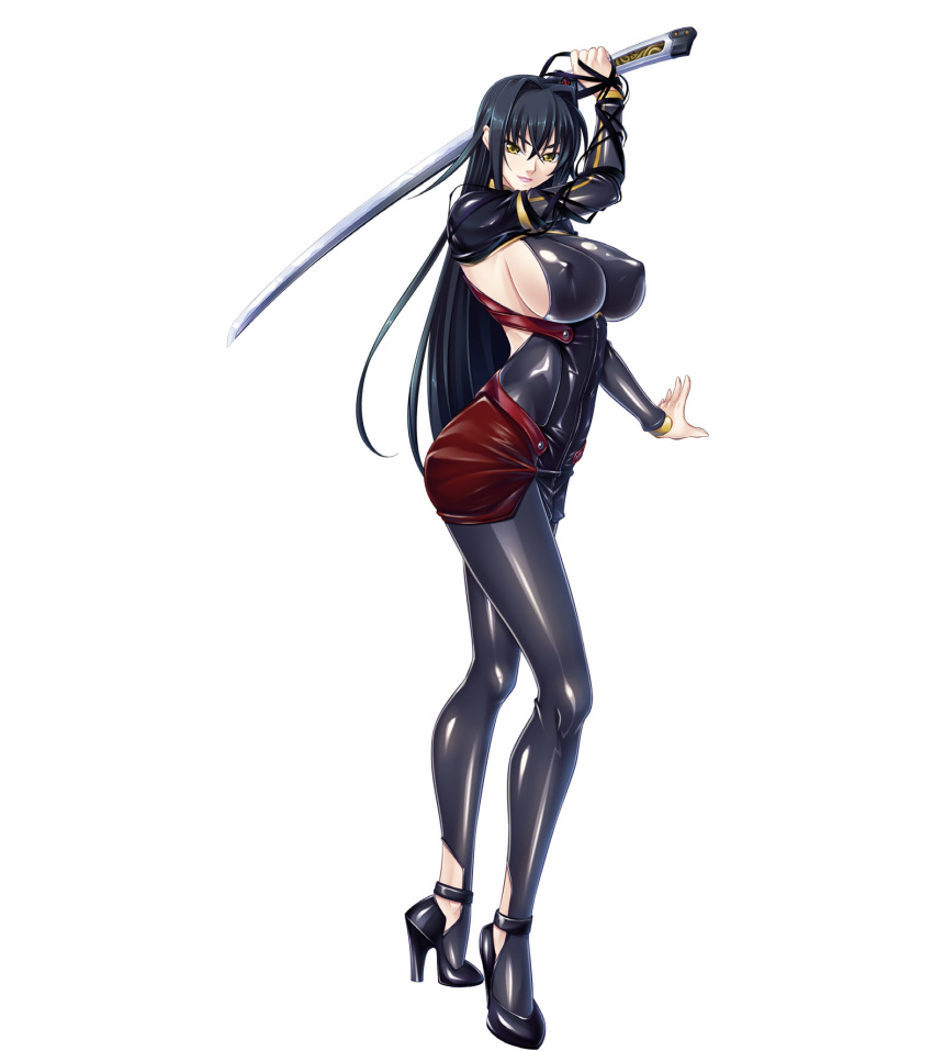 annerose_vajra black_hair breasts erect_nipples female full_body kagami_hirotaka katana koutetsu_no_majo_annerose koutetsu_no_majo_anneroze large_breasts legs lilith-soft long_hair looking_at_viewer sideboob smile solo standing sword weapon yellow_eyes