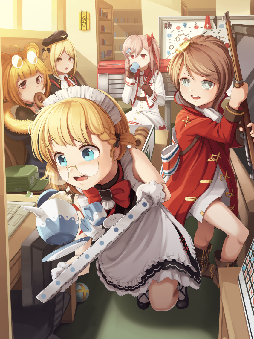 5girls absurdres aged_down ahoge black_bow black_panties blonde_hair blue_eyes blush book bookshelf bow braid brown_eyes brown_hair choker commentary_request computer cup day desk dinergate_(girls'_frontline) doughnut eating eyewear_on_head food g36_(girls'_frontline) g36_(mini_maid)_(girls'_frontline) girls'_frontline glasses goback green_hat grey_eyes grizzly_mkv_(girls'_frontline) grizzly_mkv_(teddy_transform!)_(girls'_frontline) gun hairbow hat highres holding holding_gun holding_tray holding_weapon holy_hand_grenade indoors laptop lee-enfield_(girls'_frontline) lee-enfield_(onion_shooter)_(girls'_frontline) long_sleeves looking_at_another looking_away maid maid_headdress monocle mp40_(girls'_frontline) mp40_(thumbelina)_(girls'_frontline) multiple_girls necktie negev_(girls'_frontline) negev_(little_drifter)_(girls'_frontline) official_alternate_costume open_mouth panties parted_lips pastry_box pink_hair plate red_bow red_eyes red_necktie short_hair sitting standing star_(symbol) star_choker swivel_chair table teacup teapot tray twin_braids underwear unworn_hat unworn_headwear unworn_panties weapon whiteboard window