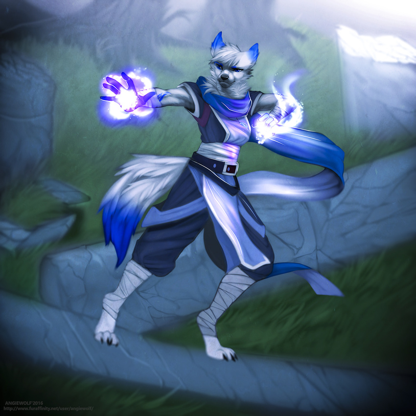 1:1 angiewolf anthro black_nose canid canine canis clothed clothing detailed_background digital_media_(artwork) digitigrade fur grass hi_res magic male mammal neolykos plant shaded solo white_body white_fur wolf