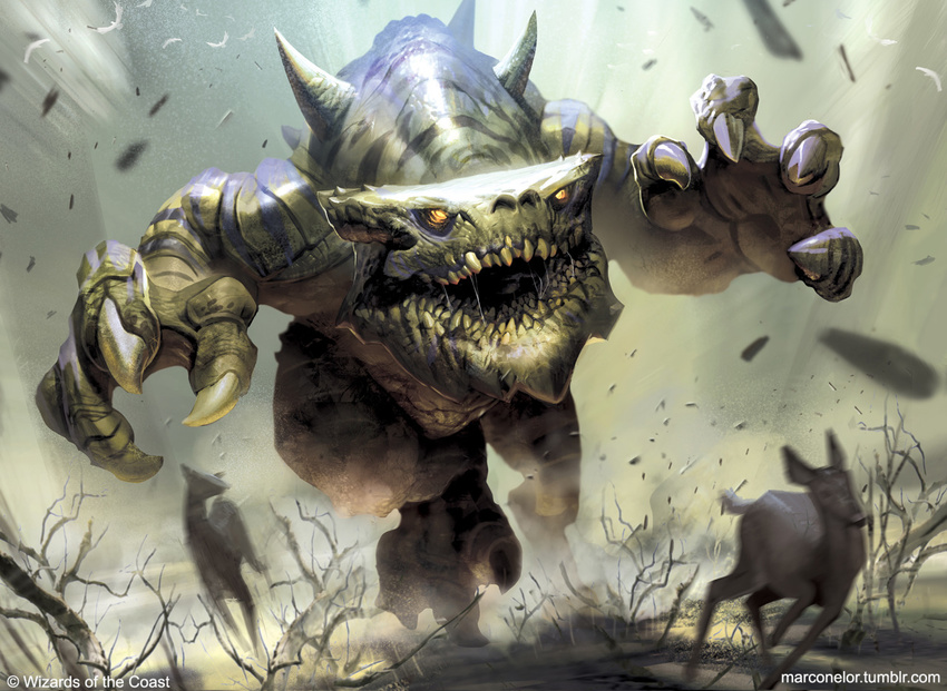 ambiguous_gender better_version_at_source chasing claws debris deer dutch_angle feral hasbro magic:_the_gathering mammal marco_nelor monster official_art perspective plant running scalie signature size_difference solo_focus speed spines wizards_of_the_coast